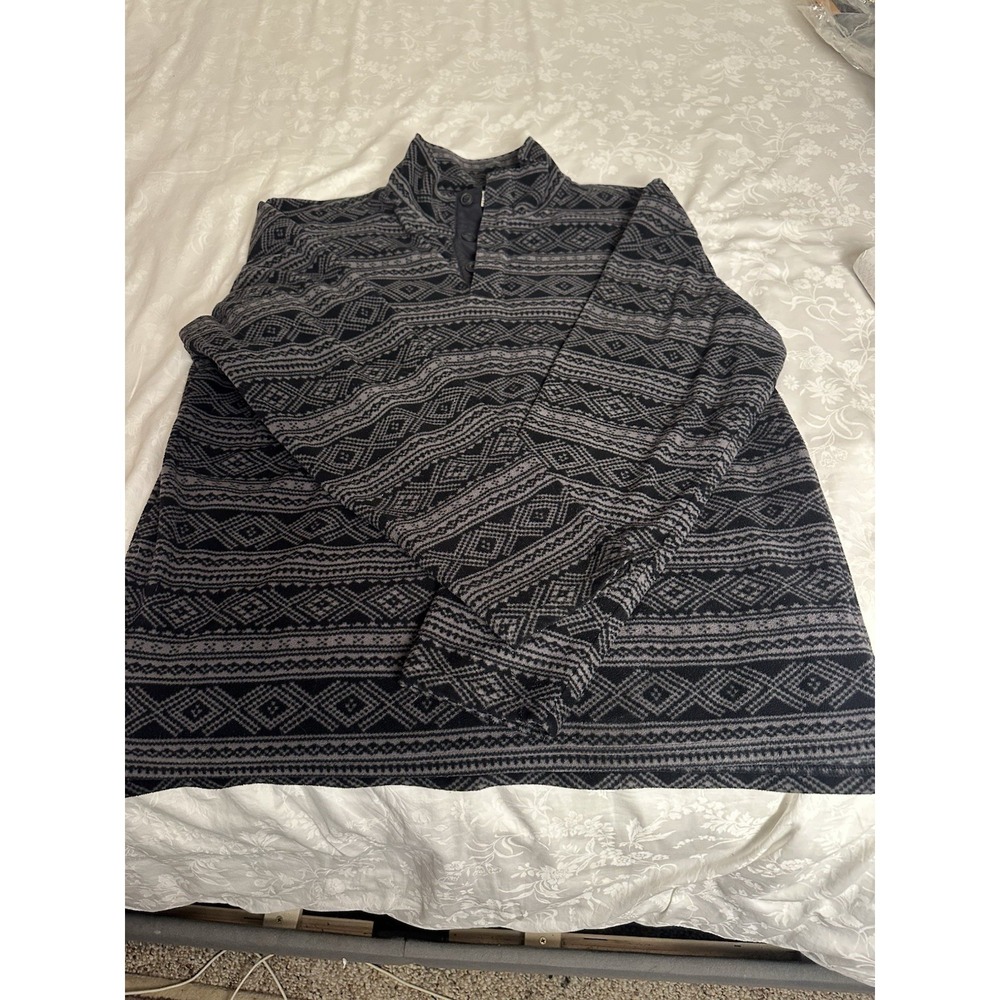LL Bean Fleece Jacket Sweater Mens Black‎ Aztec L Button Neck Mock pullover